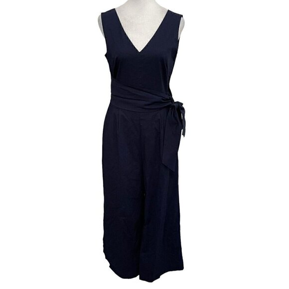 J.Crew Wrap-Tie Wide Leg V-Neck Jumpsuit Poplin Cotton Navy Blue Nautical size 4 - Picture 1 of 11